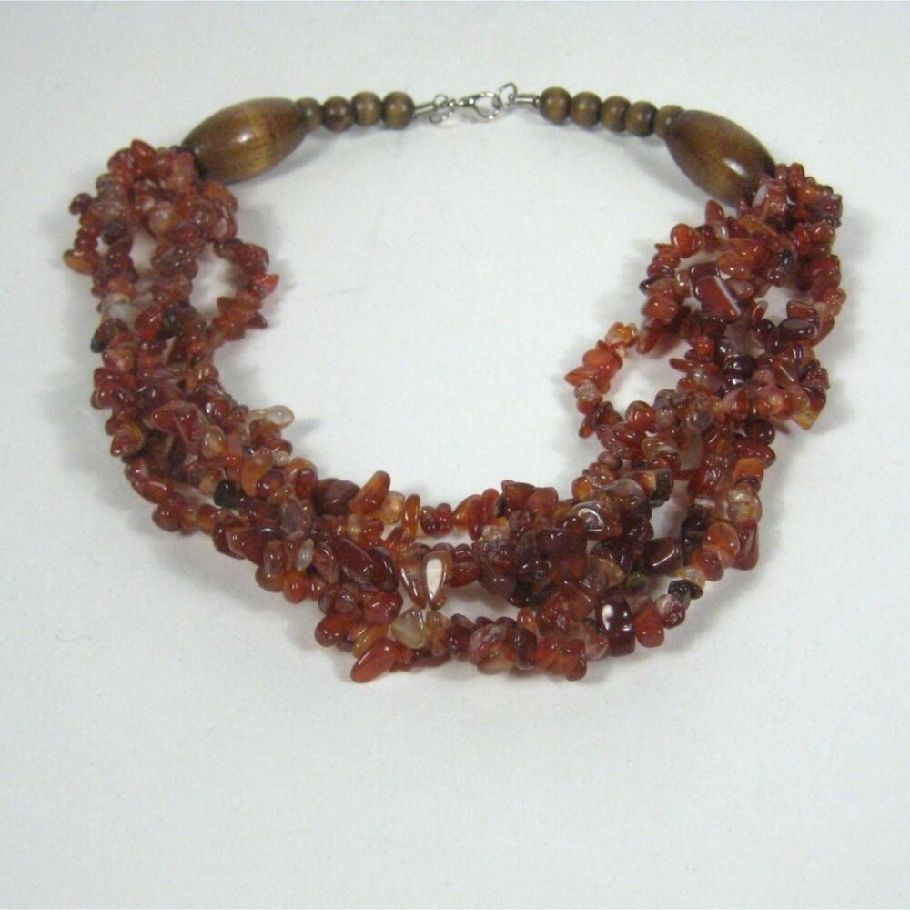 Carnelian Stone Chip Multi Strand Beaded Necklace  Wooden Accents Boho Chic 21in